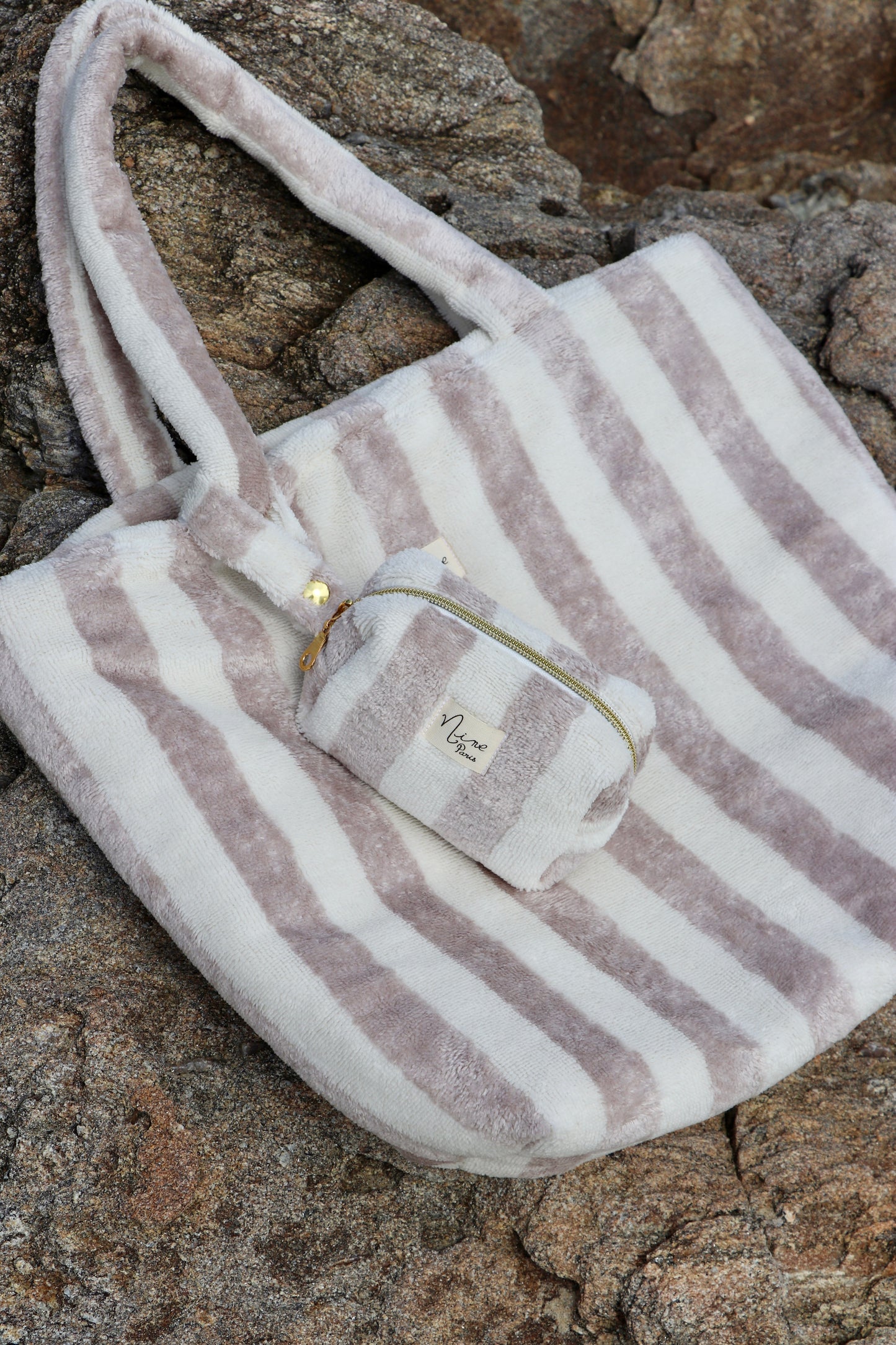 Sac cabas rayé en éponge de bambou gris/blanc