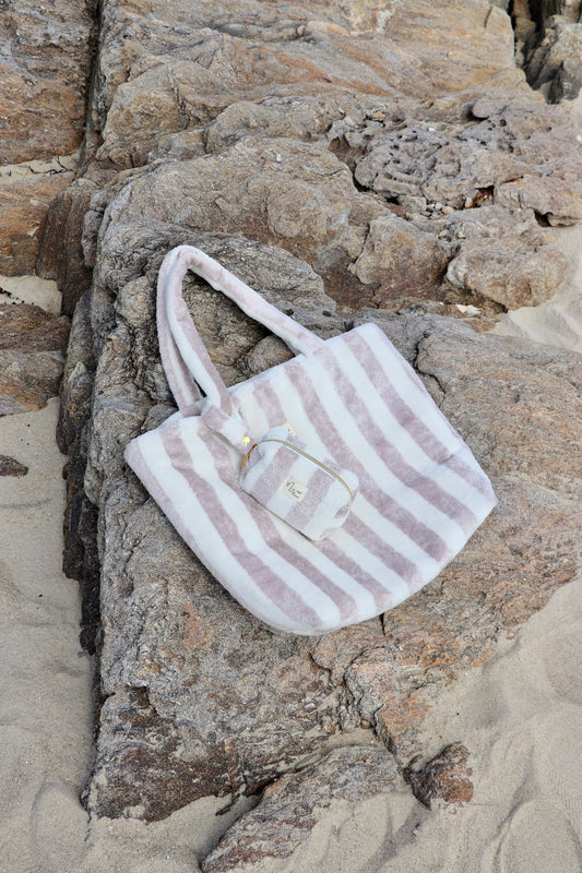 Sac cabas rayé en éponge de bambou gris/blanc