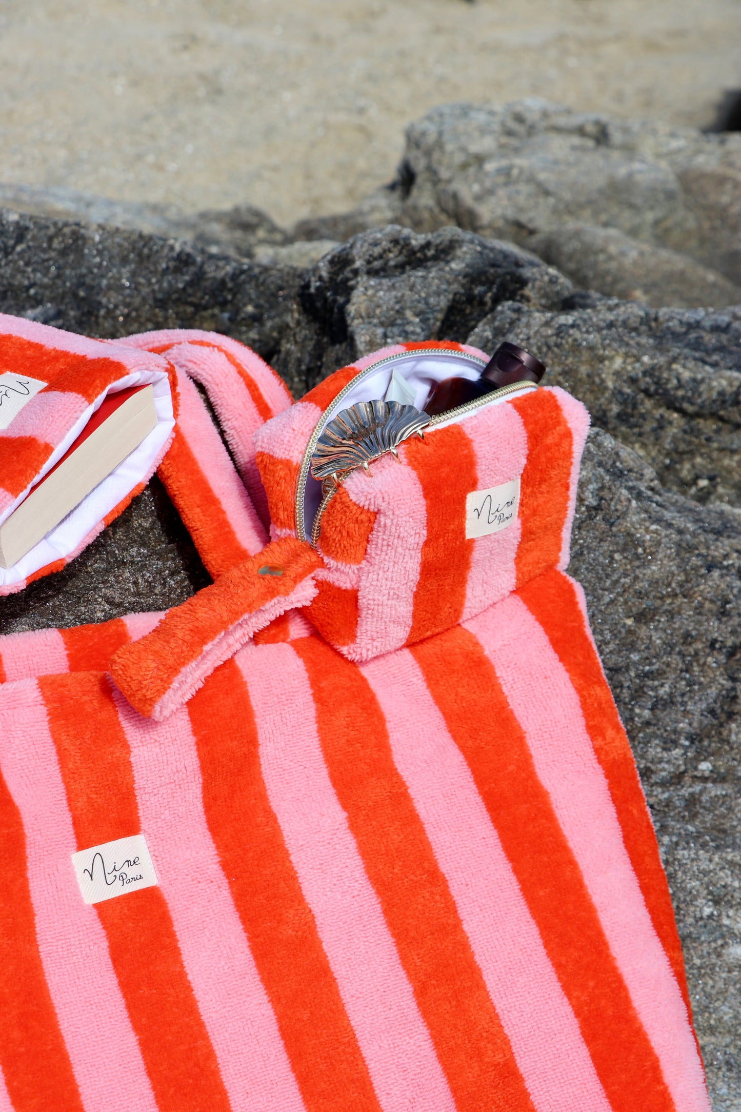 Sac cabas rayé en éponge de bambou rose/rouge orangé