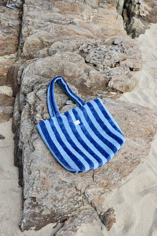 Sac cabas rayé en éponge de bambou bleu
