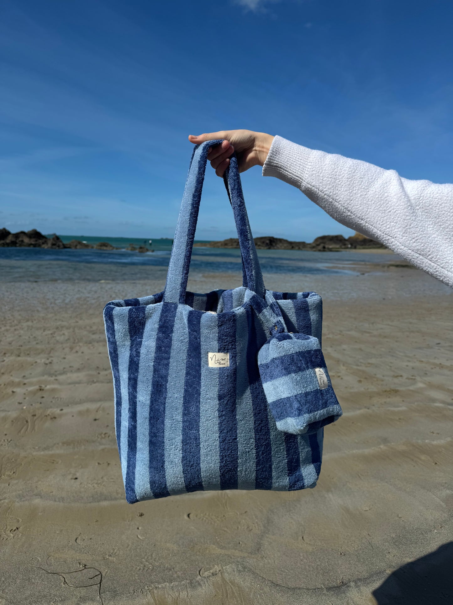 Sac cabas rayé en éponge de bambou bleu