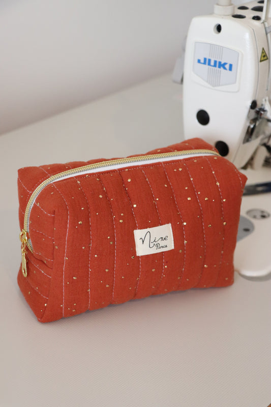 Petite trousse gaze de coton à pois dorés terracotta
