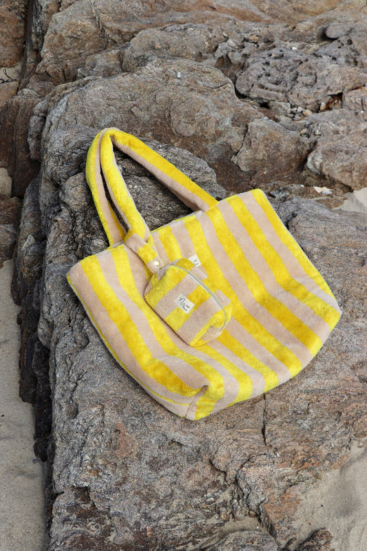 Sac cabas rayé en éponge de bambou jaune/beige