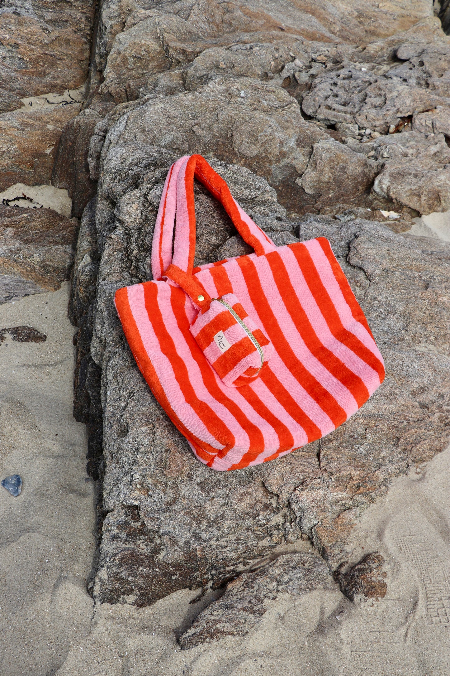 Sac cabas rayé en éponge de bambou rose/rouge orangé