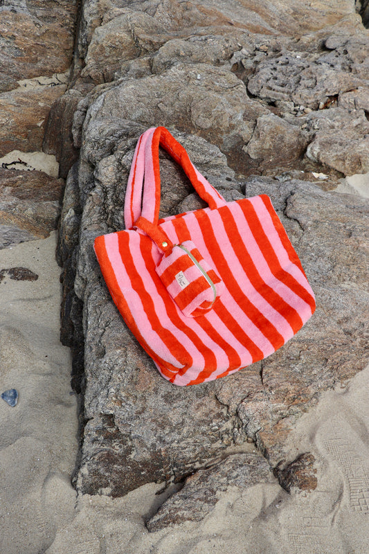 Sac cabas rayé en éponge de bambou rose/rouge orangé